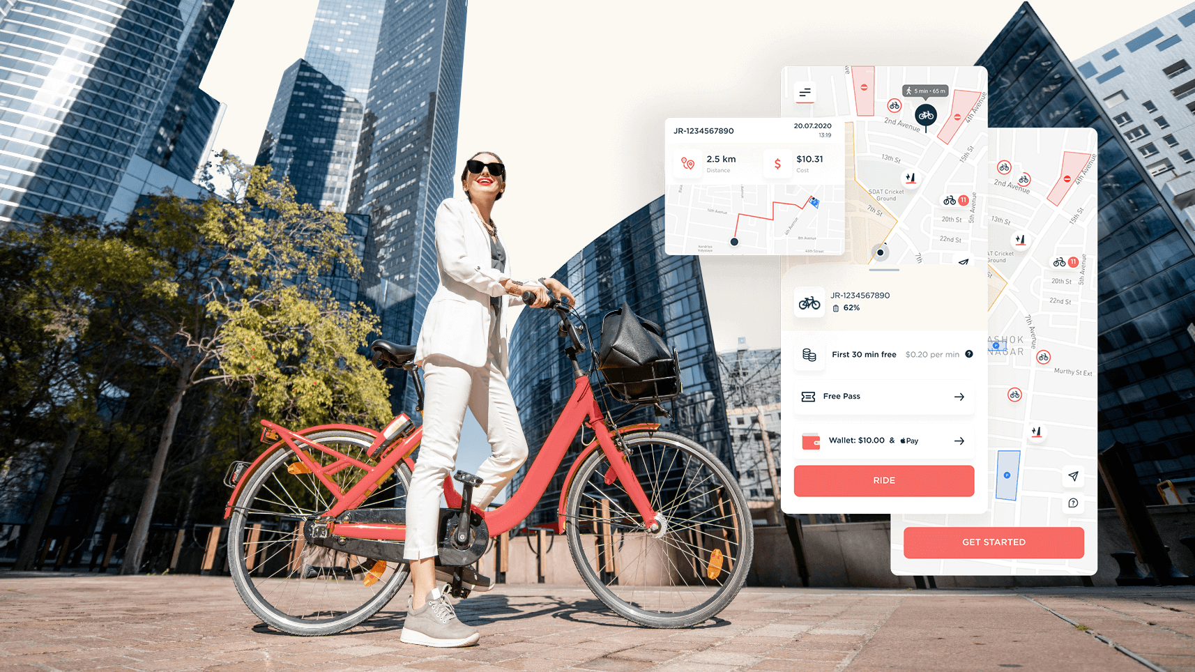 a woman in business casual dress with a bicycle next to a phone with a corporate shared mobility app