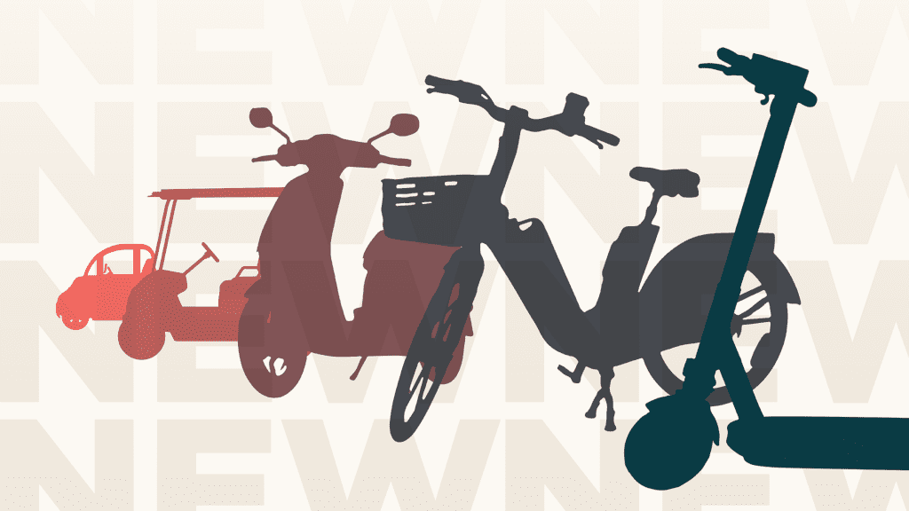 New mobility vehicle silhouettes of a scooter bike golf cart and mini car