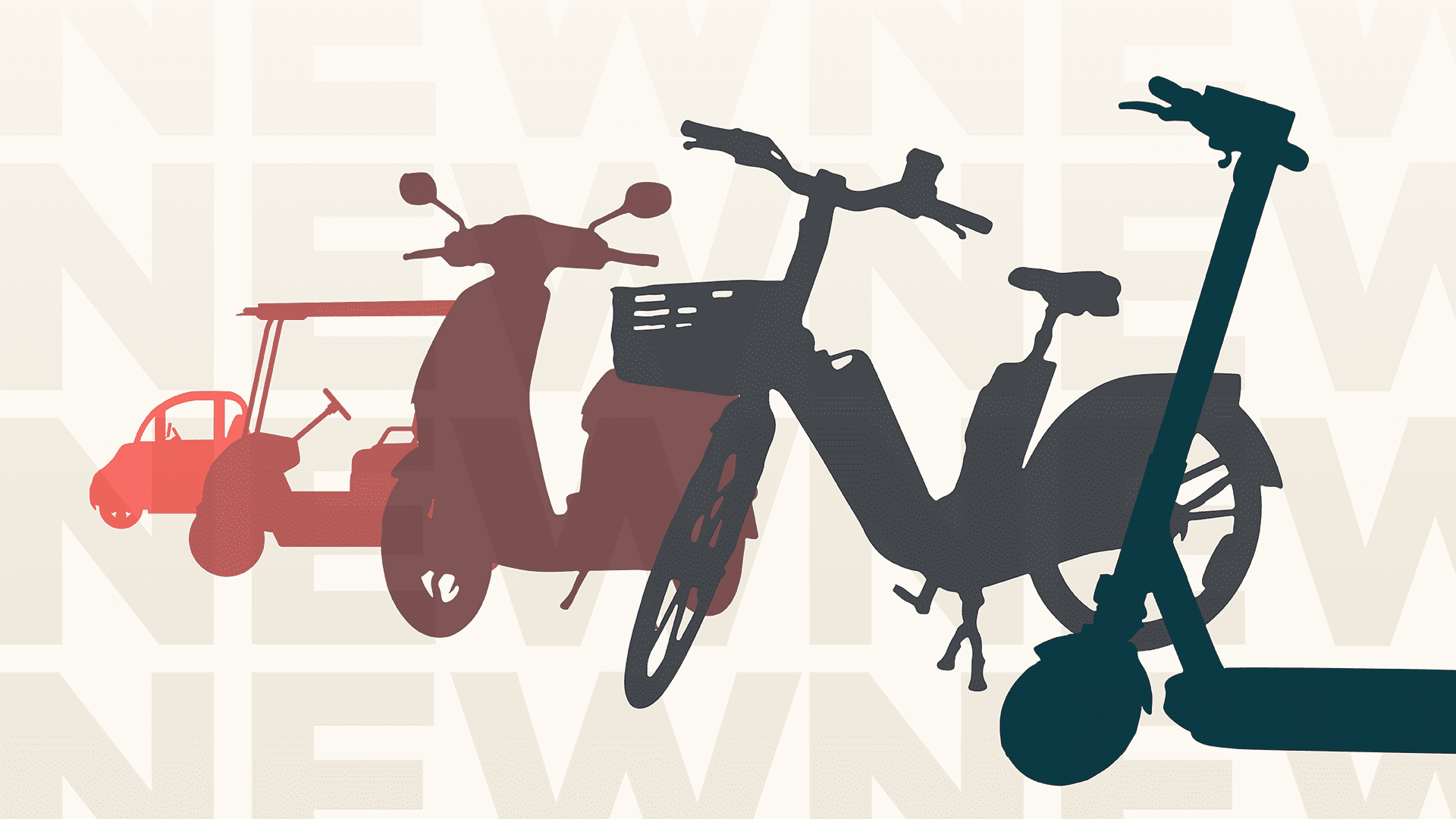 New mobility vehicle silhouettes of a scooter bike golf cart and mini car