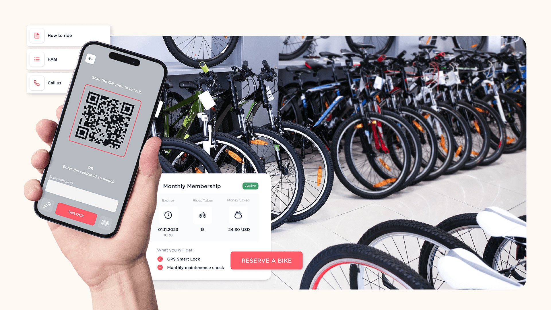 QR scan joyride Rider app at a bike shop rentals