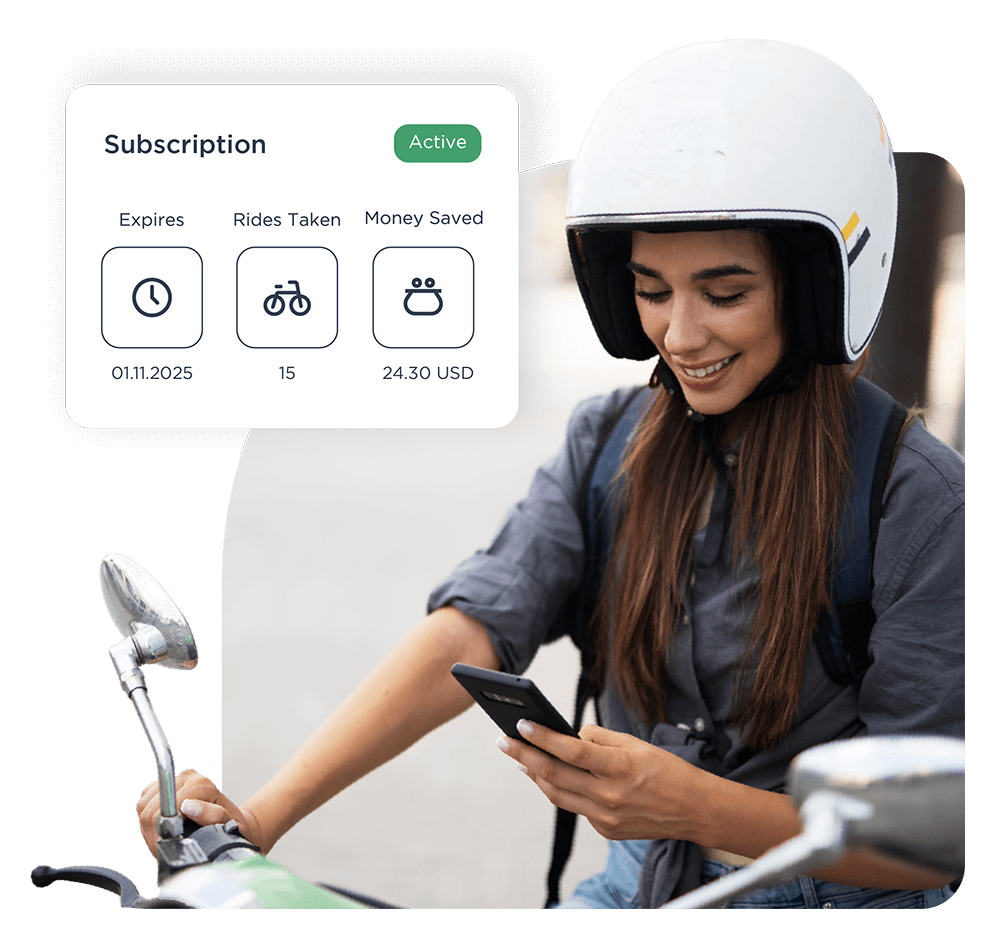woman using a smartphone to check ride stats for a moped rental
