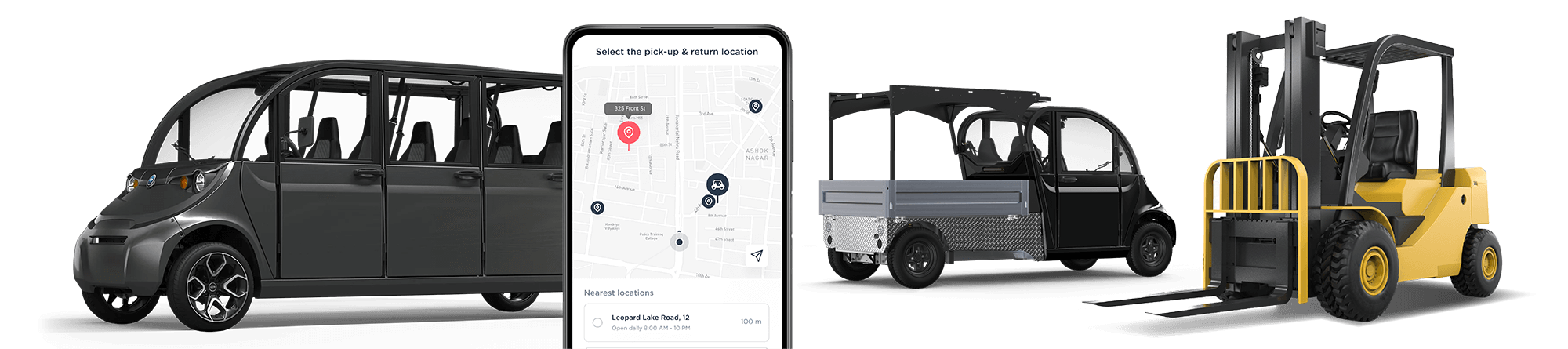 GEM e6 forklift and Gem utility vehicle behind joyride EV rental app