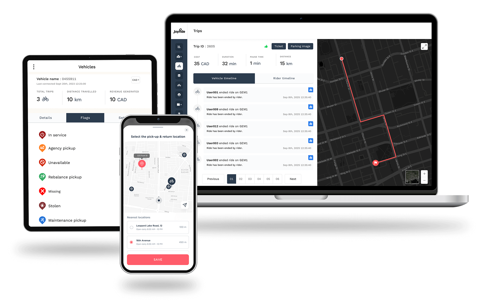joyride fleet management software on mobile phone tablet and laptop