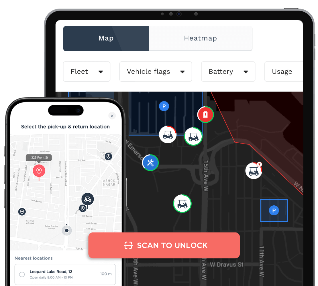 Revii rental app and fleet management system on phone and tablet