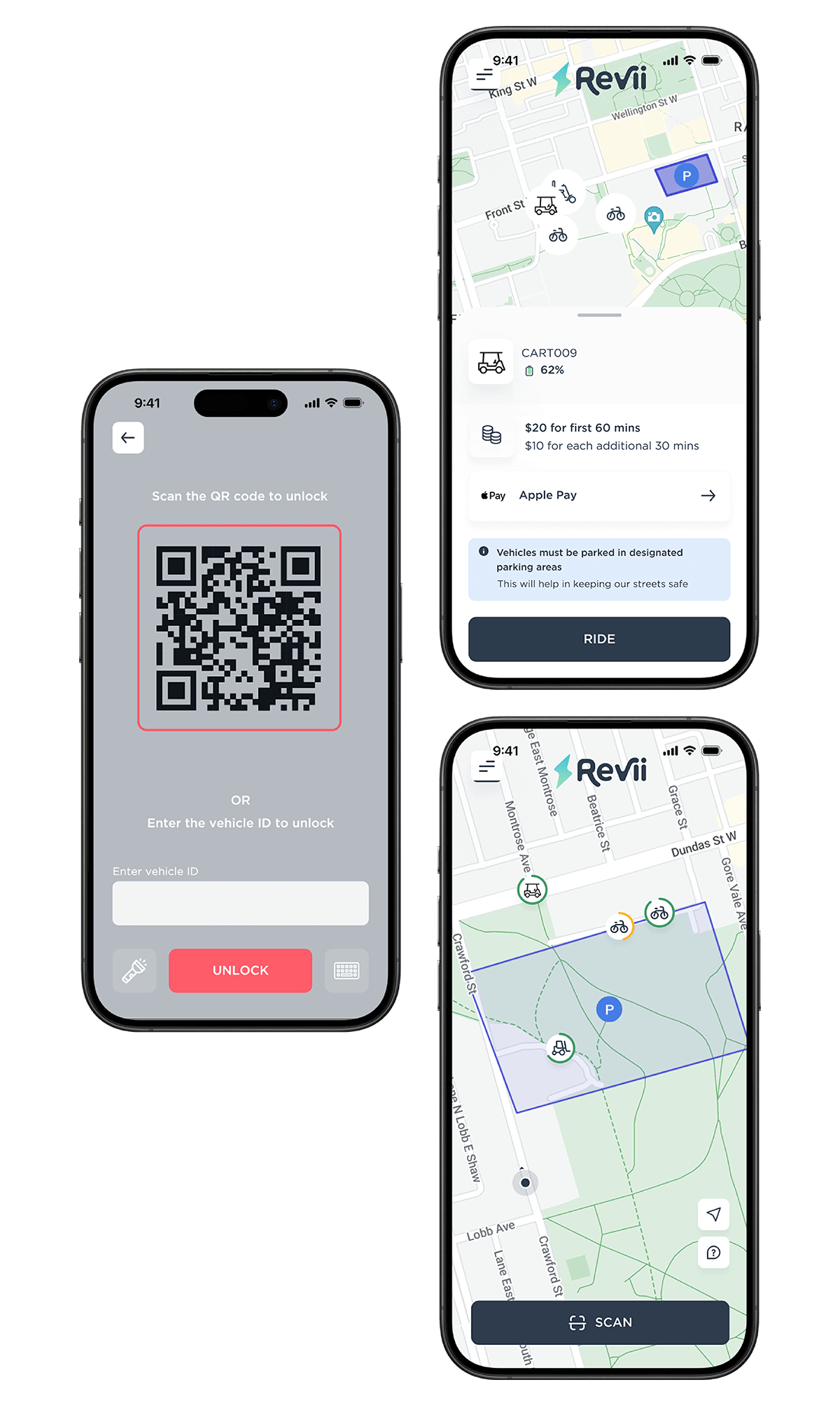 Revii rental app screens on iPhones