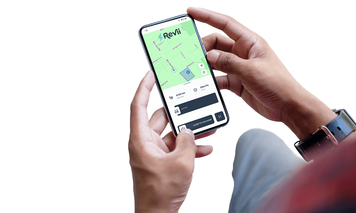 Couple riding a golf cart rented with the Revii app
