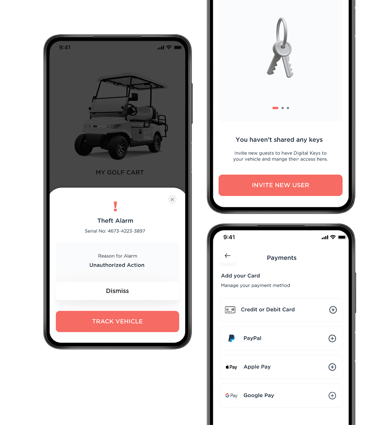 Joyride consumer app screens for a golf cart with theft alarm, key sharing and payments