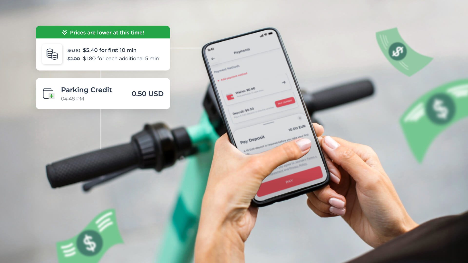 Joyride payment features on app screen with escooter
