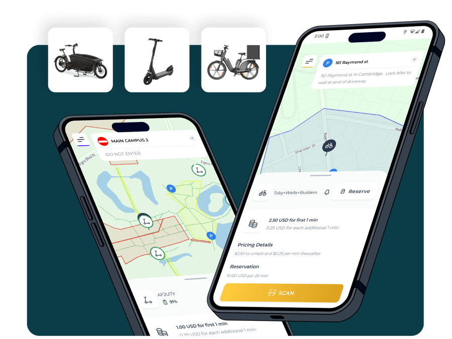 Joyride rider app screens and vehicles
