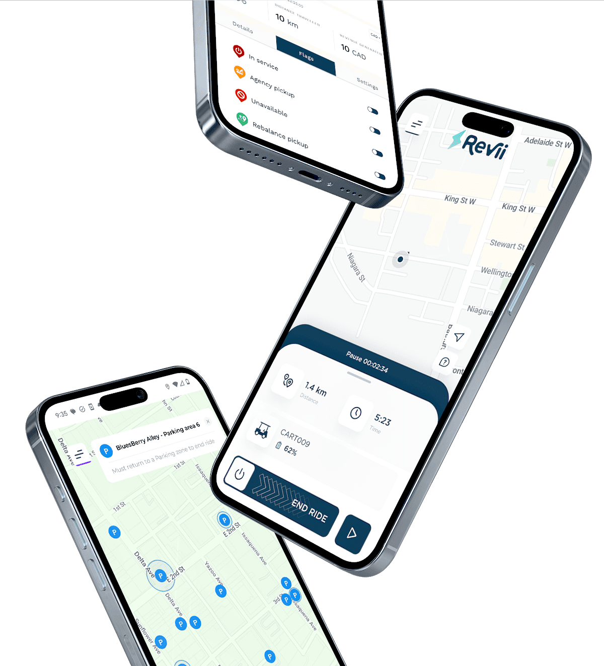 Joyride rider app screens on three phones