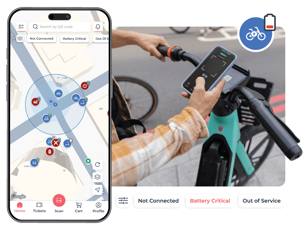 Joyride operator app map with vehicle icons and battery status with quick fleet filters
