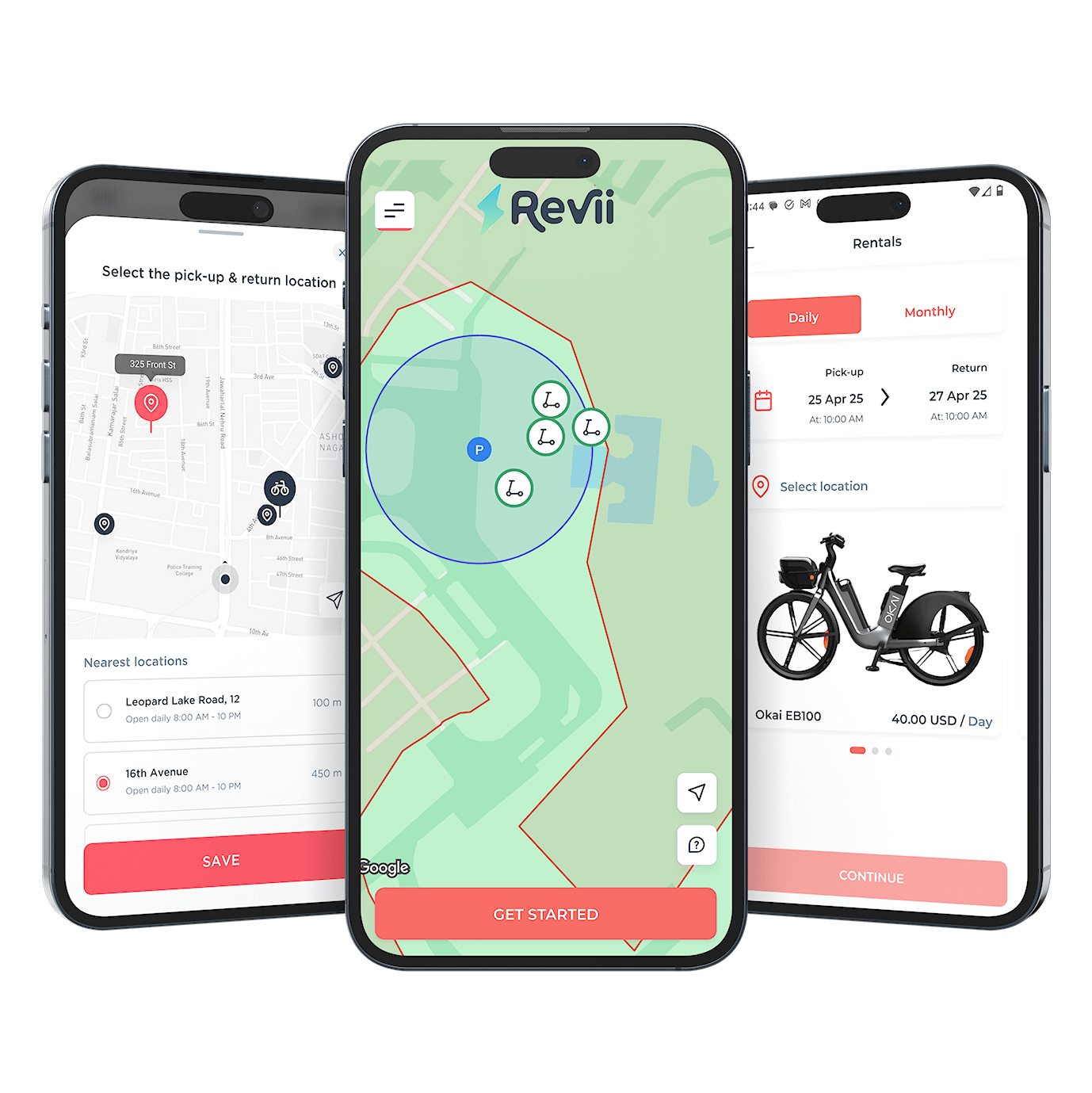 Revii bike rental app screens