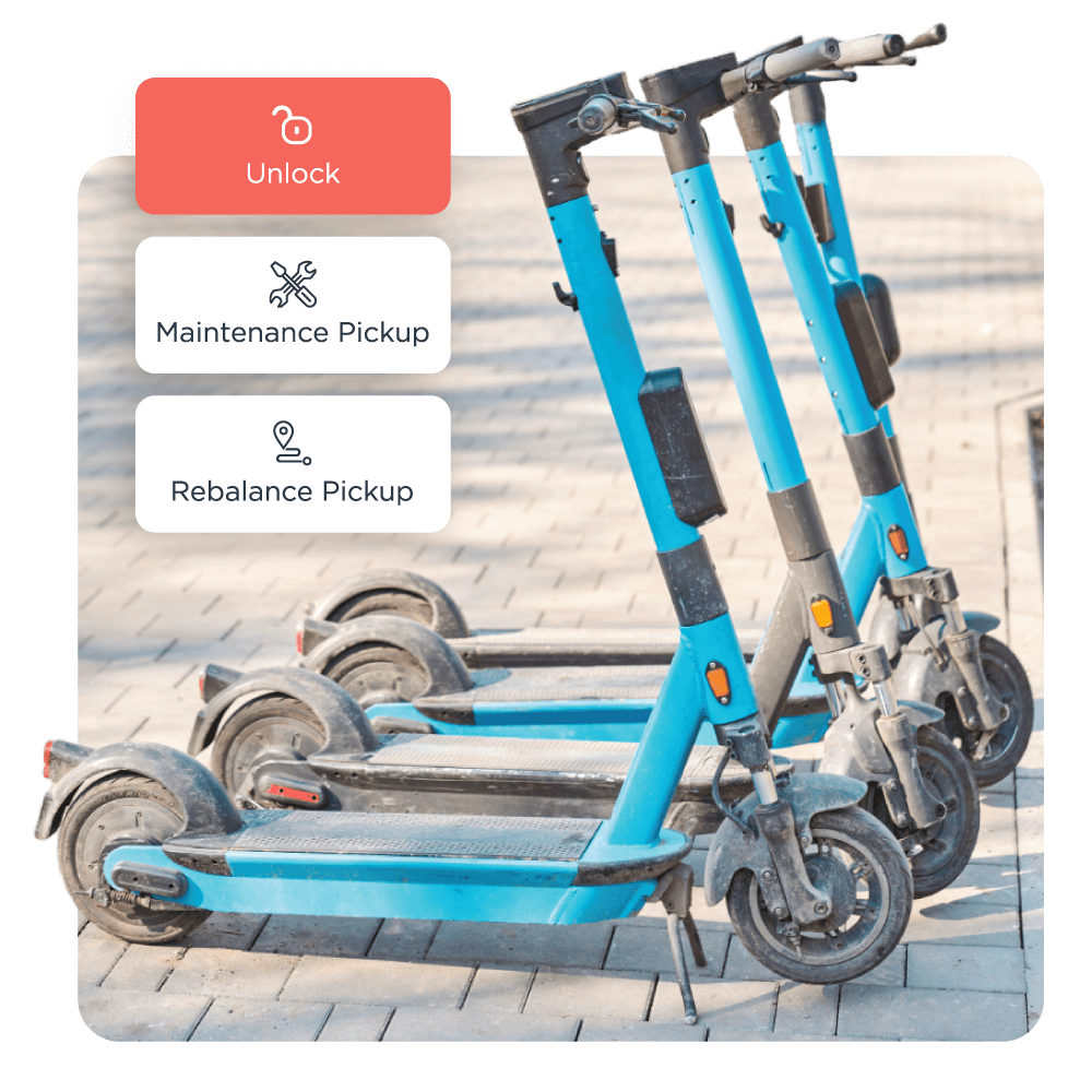 fleet of scooters with maintenance actions software buttons