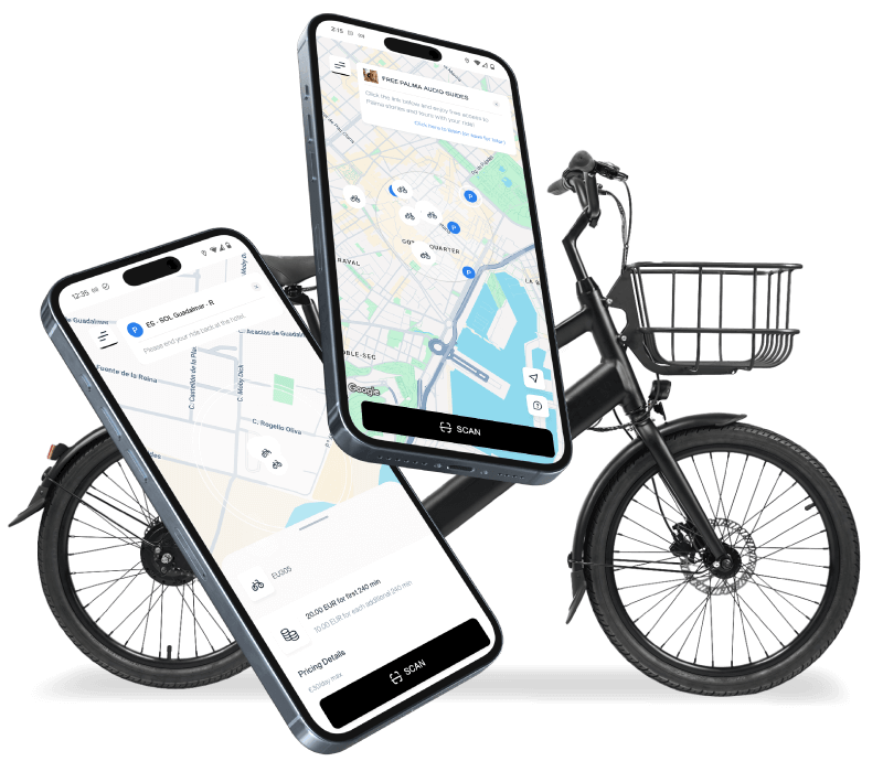Bicelo e-bike and Joyride rider app on two phones
