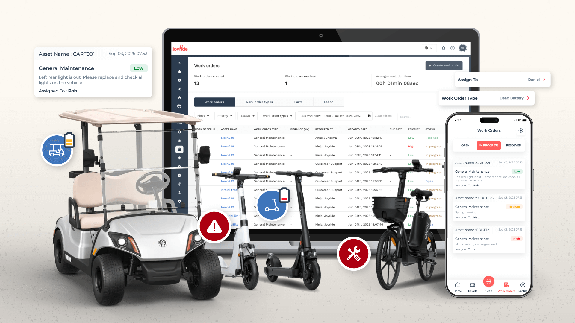 golf cart escooters and ebike in front of a laptop with Joyride's work orders feature for fleet management