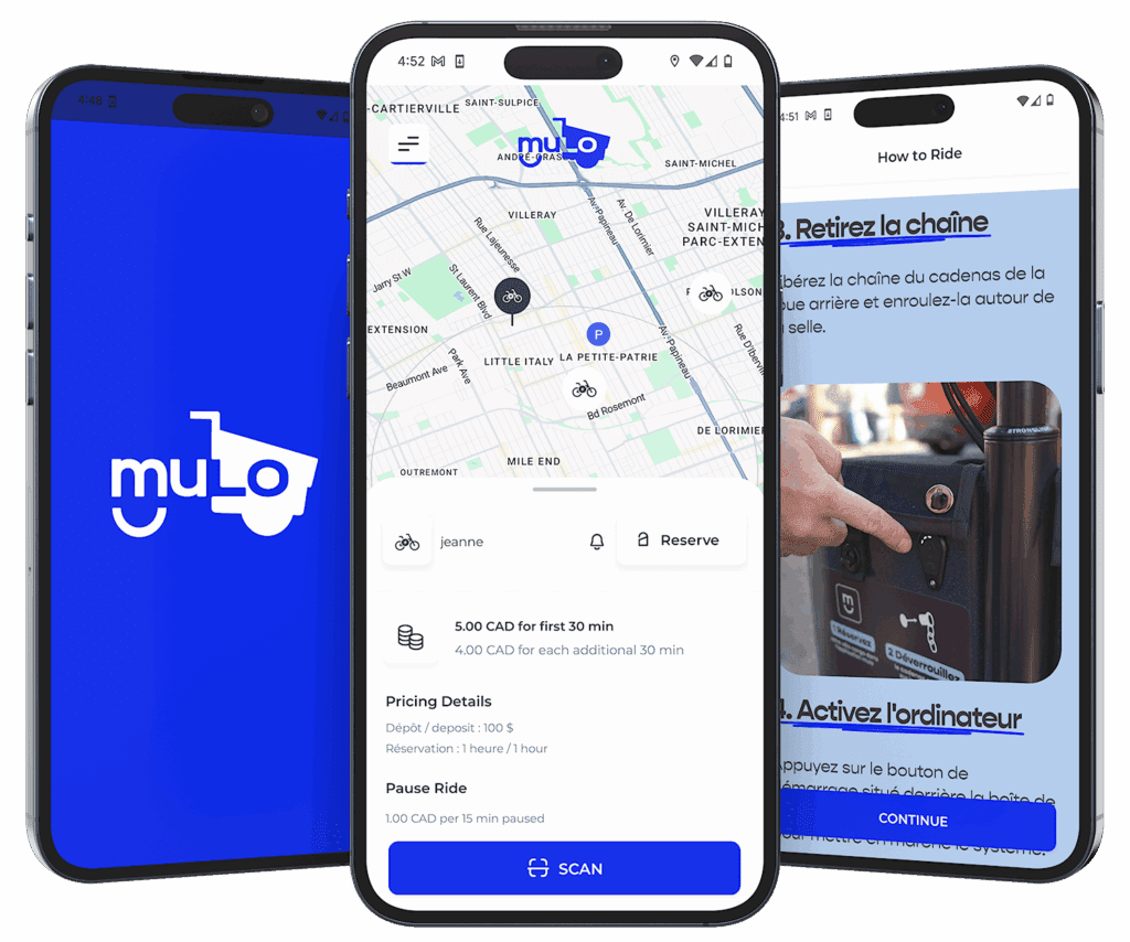 three mobile phones displaying the mulo rider app