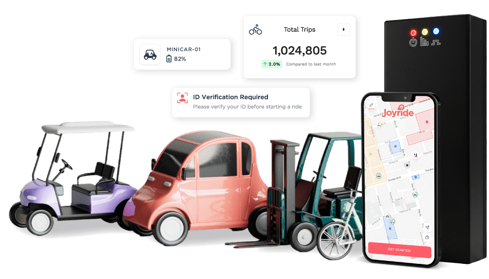 Joyride app, Neon IoT, golf cart, low-speed vehicle, forklift and cargo bike